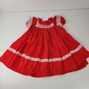 Vtg Sears Girls Dress Red White Polka Dot Size 2T Lace Trim Prairie Holiday